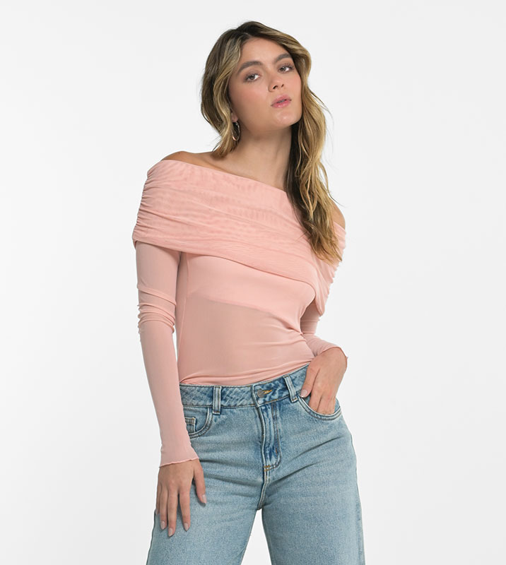 BLUSA MALLA CUELLO BANDEJA ROSADA