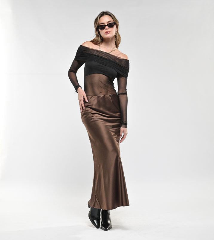 FALDA LARGA SEDA SATIN CAFÉ