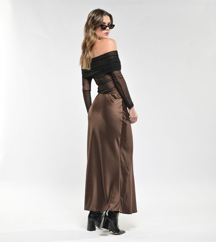 FALDA LARGA SEDA SATIN CAFÉ