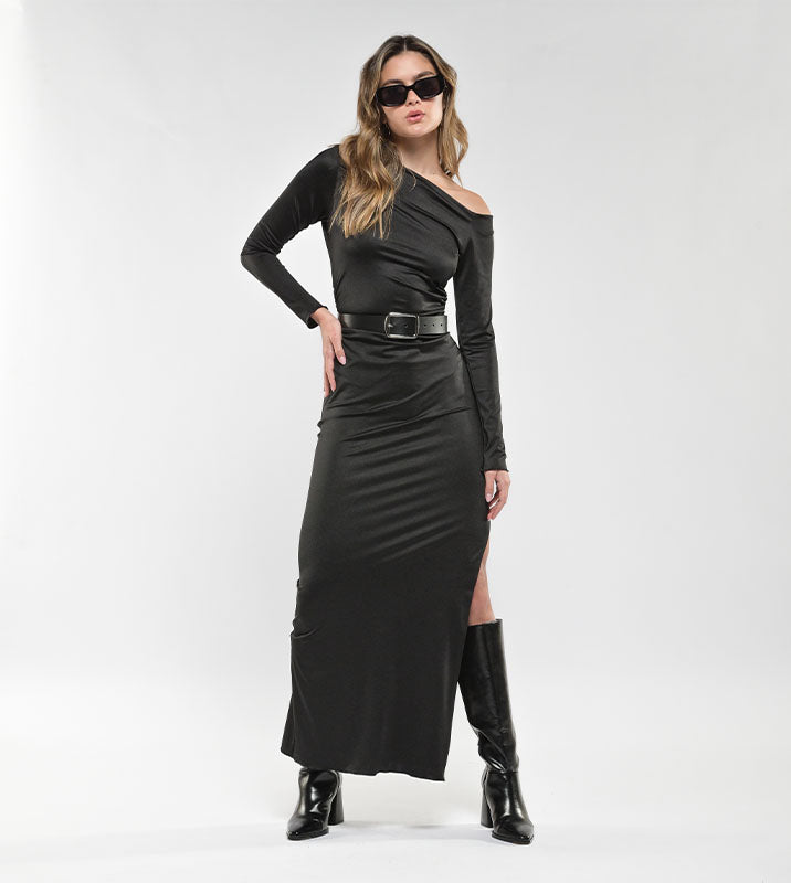 VESTIDO LARGO HOMBRO CAÍDO NEGRO