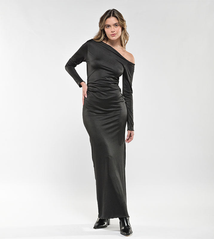 VESTIDO LARGO HOMBRO CAÍDO NEGRO