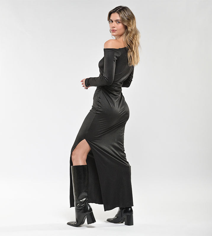 VESTIDO LARGO HOMBRO CAÍDO NEGRO