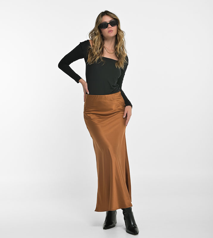 FALDA LARGA SEDA SATIN MOCCA