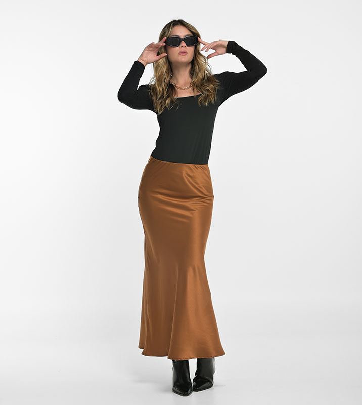 FALDA LARGA SEDA SATIN MOCCA
