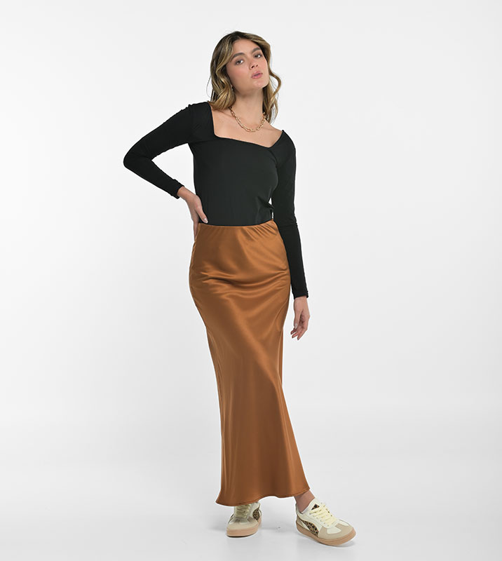 FALDA LARGA SEDA SATIN MOCCA