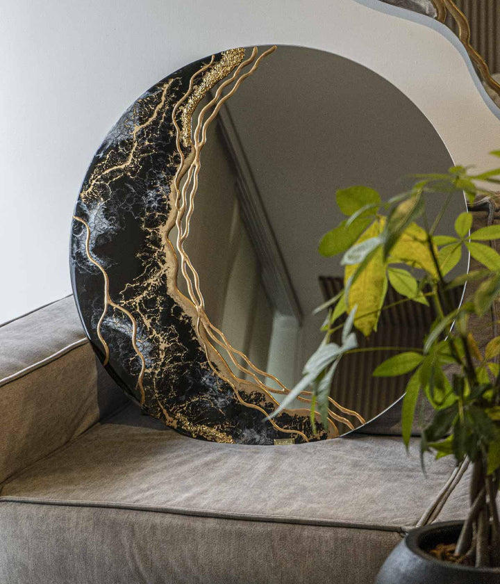 ESPEJO DIAMETRO 80CM GRETA BLACK GOLD AND SILVER