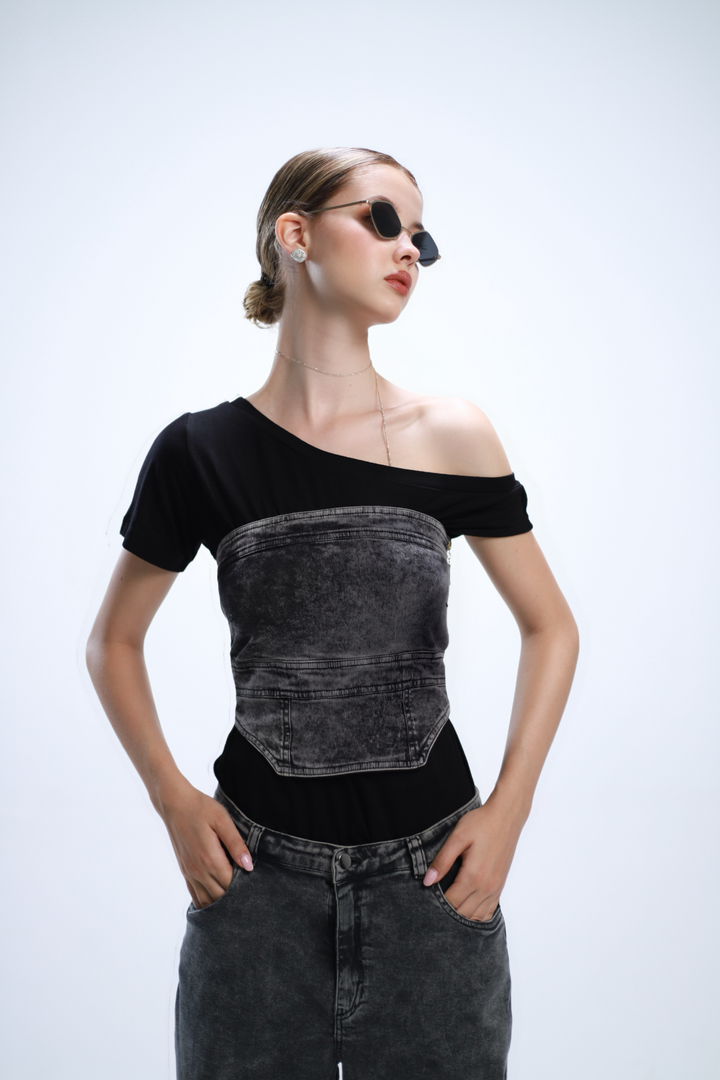 THE PANEL DENIM TOP NEGRO/GRIS