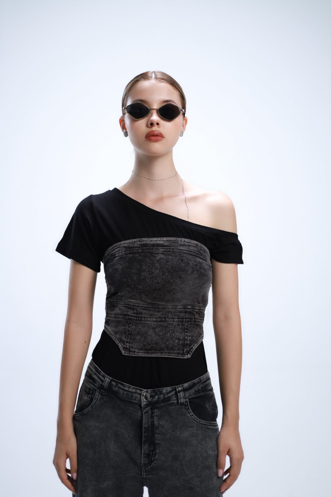 THE PANEL DENIM TOP NEGRO/GRIS