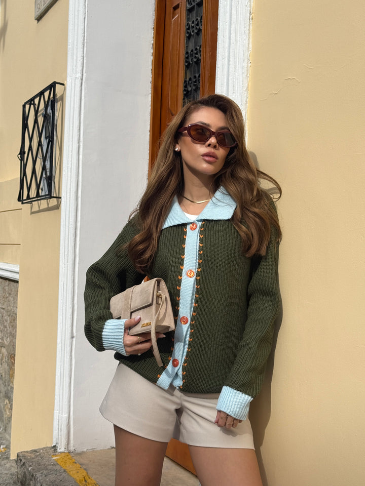 CARDIGAN POLO RIB VERDE MILITAR