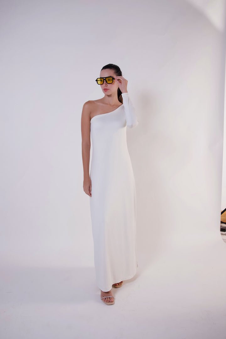 THE ONE SHOULDER MAXI DRESS CREMA
